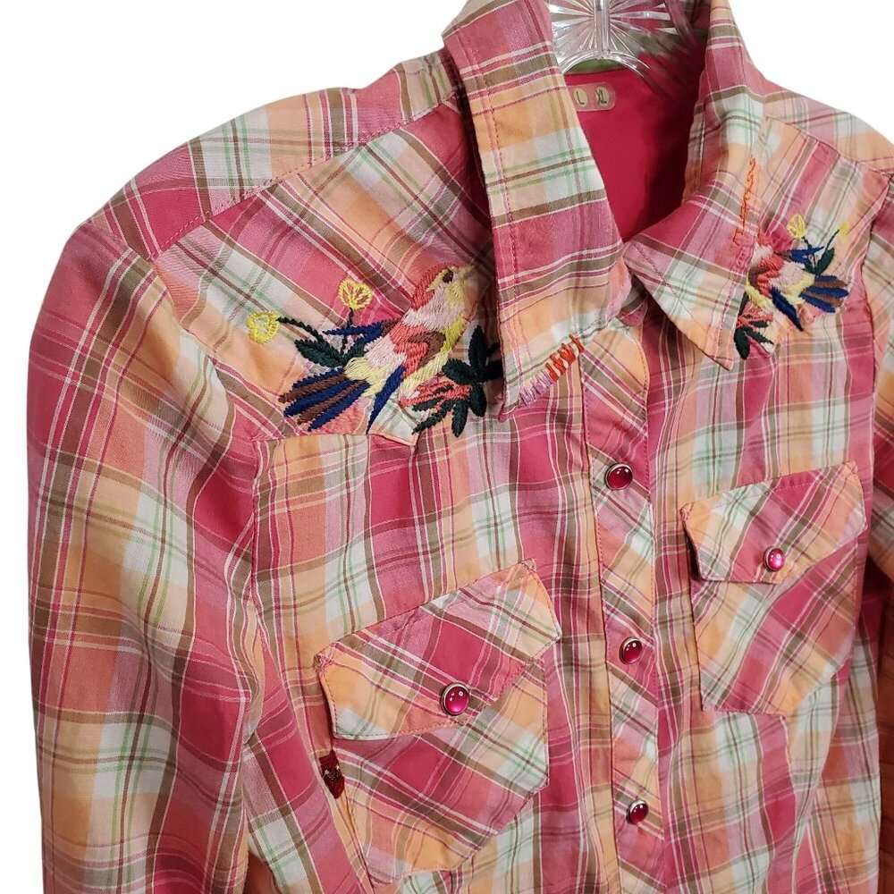 Vigoss M Shirt Girlie Western Pearl Snap Buttons Plaid Embroidered Floral Bird - Picture 5 of 13